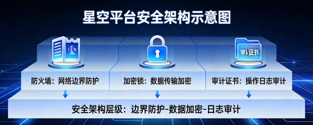 展示星空平台安全架构示意图，包含防火墙、加密锁和审计证书图标